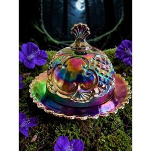 Vintage Croesus Pattern Amethyst Carnival Glass Butter Dish Covered-Iridescent